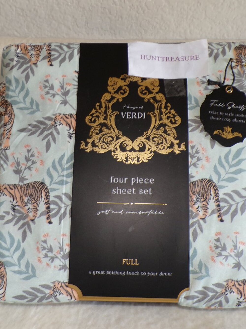 House of Verdi Tiger Jungle Pattern FULL Sheet Set 4 pc Sheets Palms Palm Trees